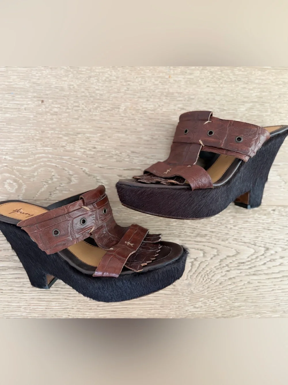 Henry Beguelin Made in Italy Pony Hair And Brown Leather Platform Wedge Mules